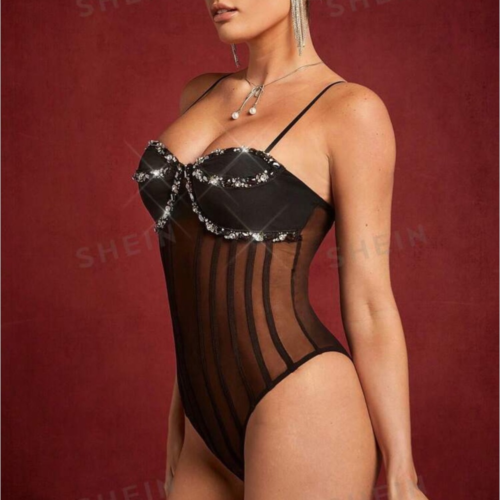 shein rhinestone seam detail mesh bodysuit size small - Picture 2 of 3